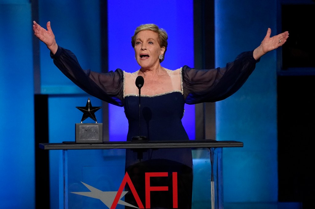 Actor Julie Andrews accepts the 48th AFI Life Achievement Award during a gala honoring her, Thursday, June 9, 2022, at the Dolby Theatre in Los Angeles. (AP Photo/Chris Pizzello)