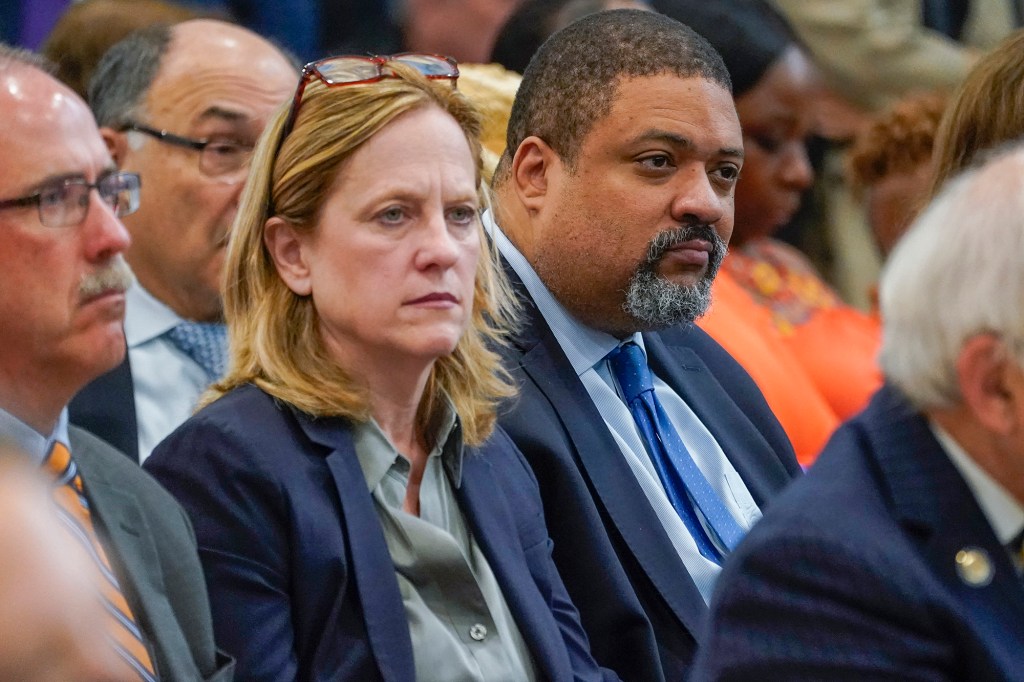 Queens DA Melinda Katz sits with Manhattan DA Alvin Bragg on June 6. 