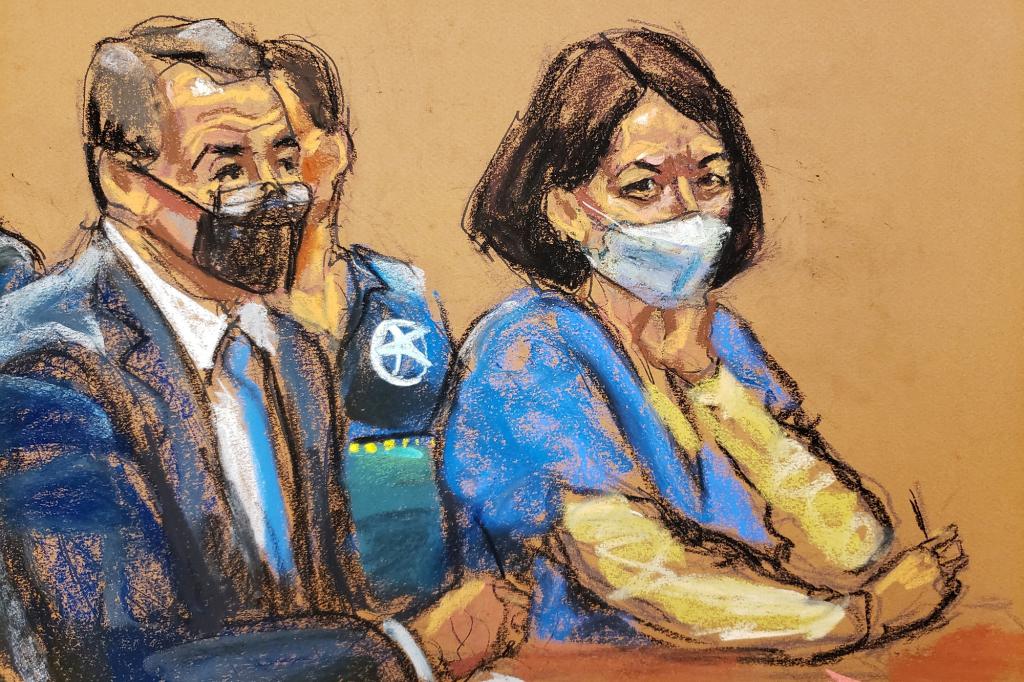 Jeffrey Epstein associate Ghislaine Maxwell sits with her defense lawyer Christian Everdell during her sentencing hearing in a courtroom sketch in New York City, U.S. June 28, 2022.