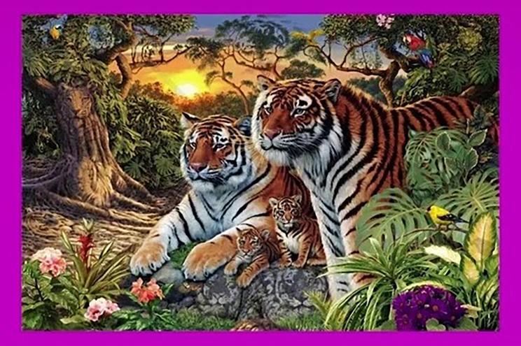 The tricky optical illusion shows two tigers with their cubs surrounded by trees.