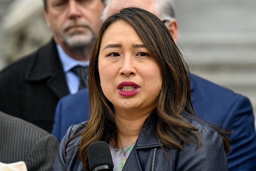 Assemblywoman Yuh-Line Niou, D-New York, speaks as Families join Lawmakers to honor the lives of New York residents who died in nursing homes during the COVID-19 pandemic. A legislative bill has been introduced marking the day as ‘We Care Remembrance Day’ and an investigation into the former Administration’s handling of the pandemic during a news conference at the state Capitol Wednesday, March 23, 2021, in Albany, N.Y.