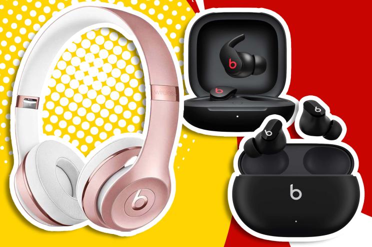 Three pairs of Beats headphones and earbuds on a red and yellow background