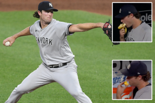 Left: Gerrit Cole delivers a pitch during a game against the Orioles. Top right: Cole eats a banana in the dugout. Bottom right: Cole eats an orange slice in the dugout.