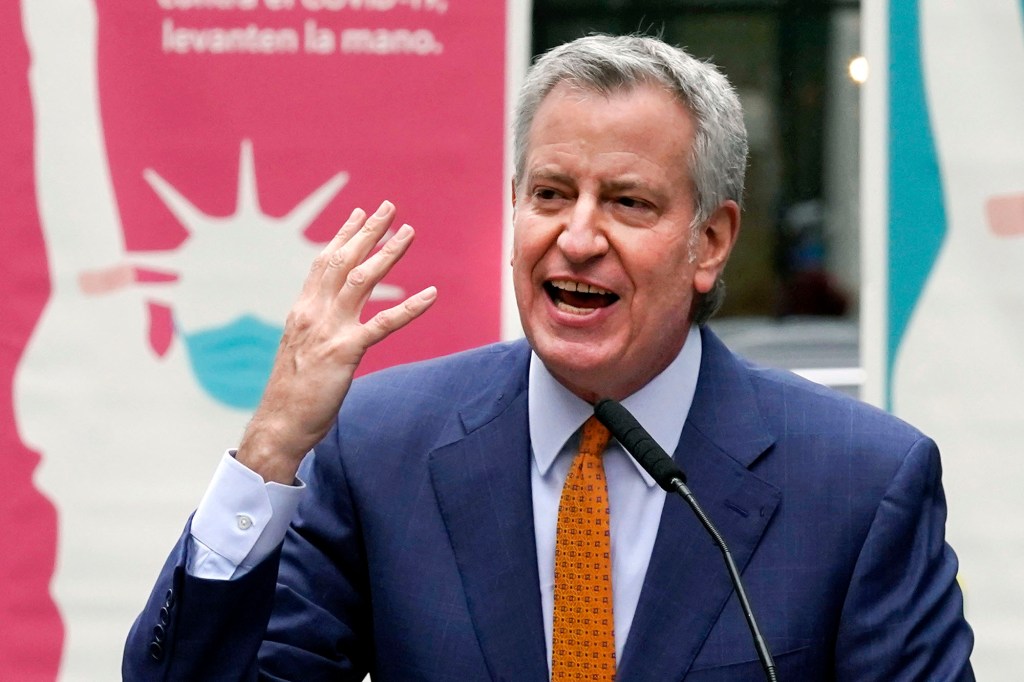 Then-New York Mayor Bill de Blasio delivers remarks in Times Square on April 12, 2021, in New York. The former New York City mayor says he's considering a run for Congress after a legal battle over the state's political maps opened up a seat in Brooklyn.