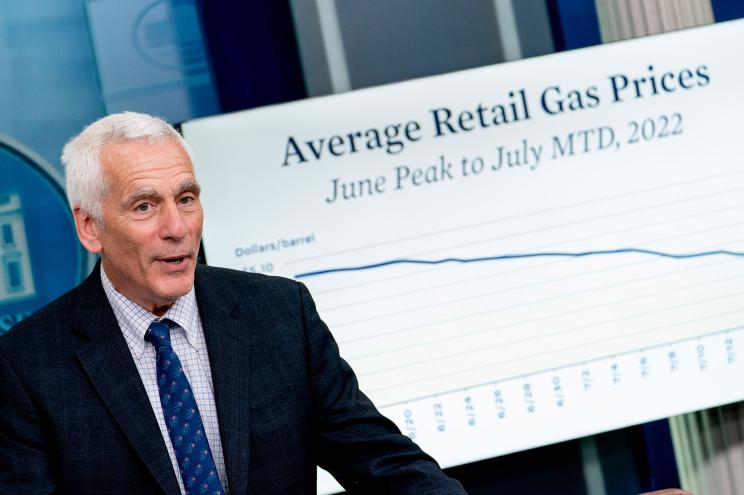 A monitor displays a graph showing a reduction of average retail gas prices over the past two months as Council of Economic Advisers member Jared Bernstein speaks at a press briefing at the White House in Washington, Monday, July 18, 2022.