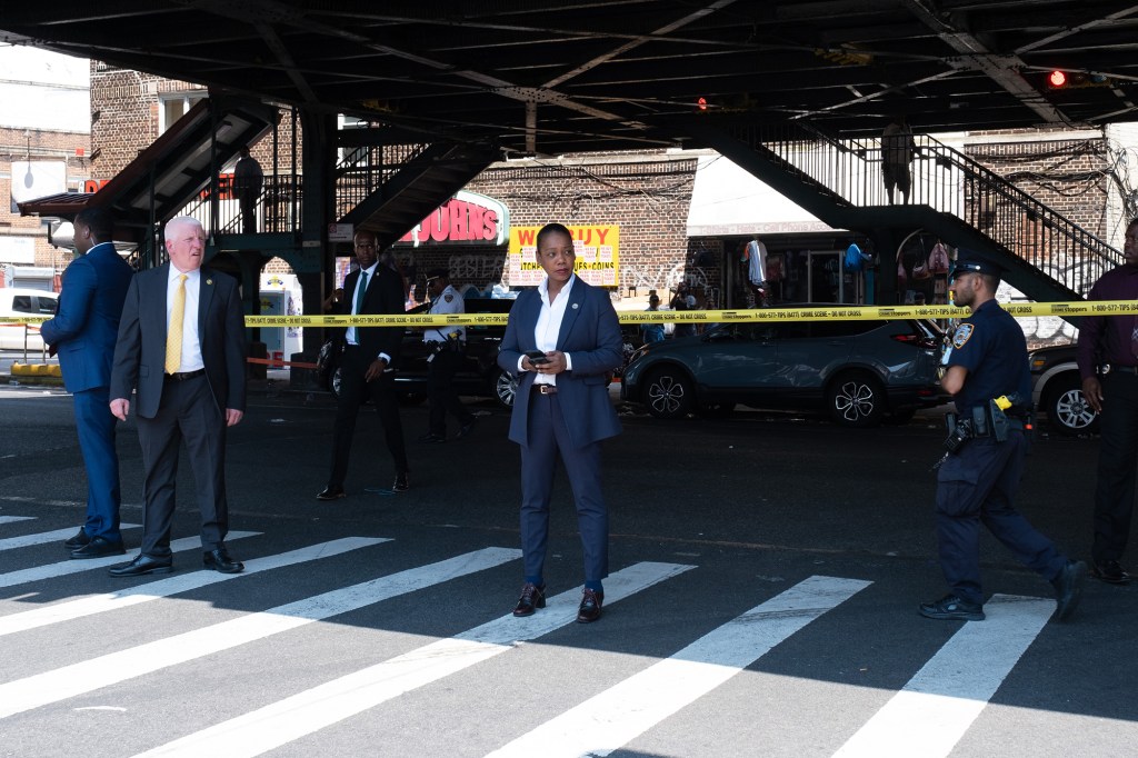 NYPD Commissioner Keechant Sewell stops by a triple shooting on Rutland Road and East 98th St. in Brooklyn on July 20, 2022.