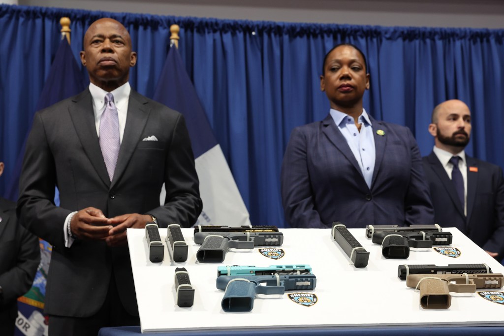 New York City Mayor Eric Adams and New York City Police Commissioner Keechant Sewell attend a news conference with New York Attorney General Letitia James and others to announce a new lawsuit against "ghost gun" distributors on June 29, 2022 in New York City.