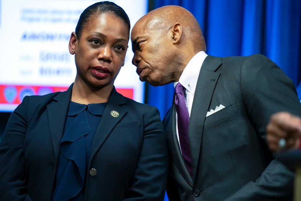 Mayor Eric Adams talks with NYPD Commissioner Keechant Sewell during a news conference in Washington, DC on March 14, 2022.