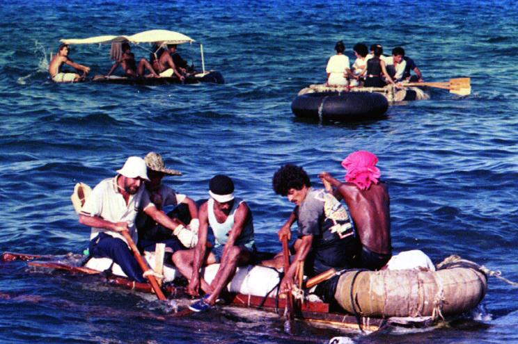 Cubans from the town of Cojimar, near Havana sail in small rafters.