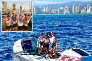 The Lat 35 Racing team that broke the world record poses for a photo on their watercraft and after completing their trip.