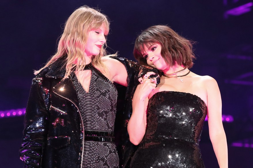 Taylor Swift and Selena Gomez perform onstage during the Taylor Swift reputation Stadium Tour at the Rose Bowl on May 19, 2018 in Pasadena, California.