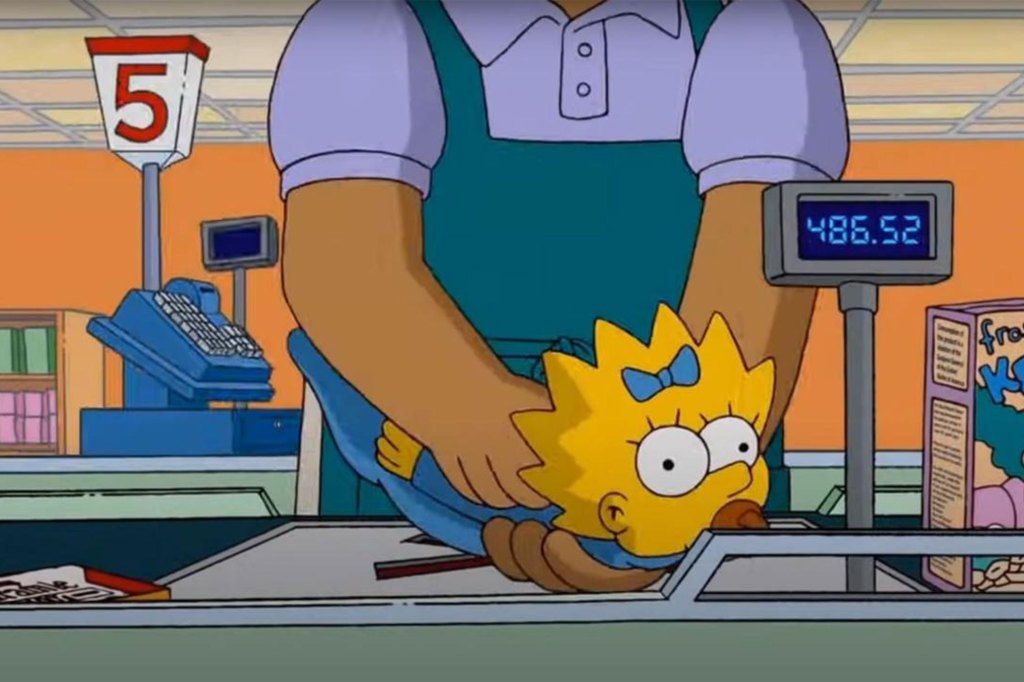 The Simpsons intro sequence featuring Maggie at the register