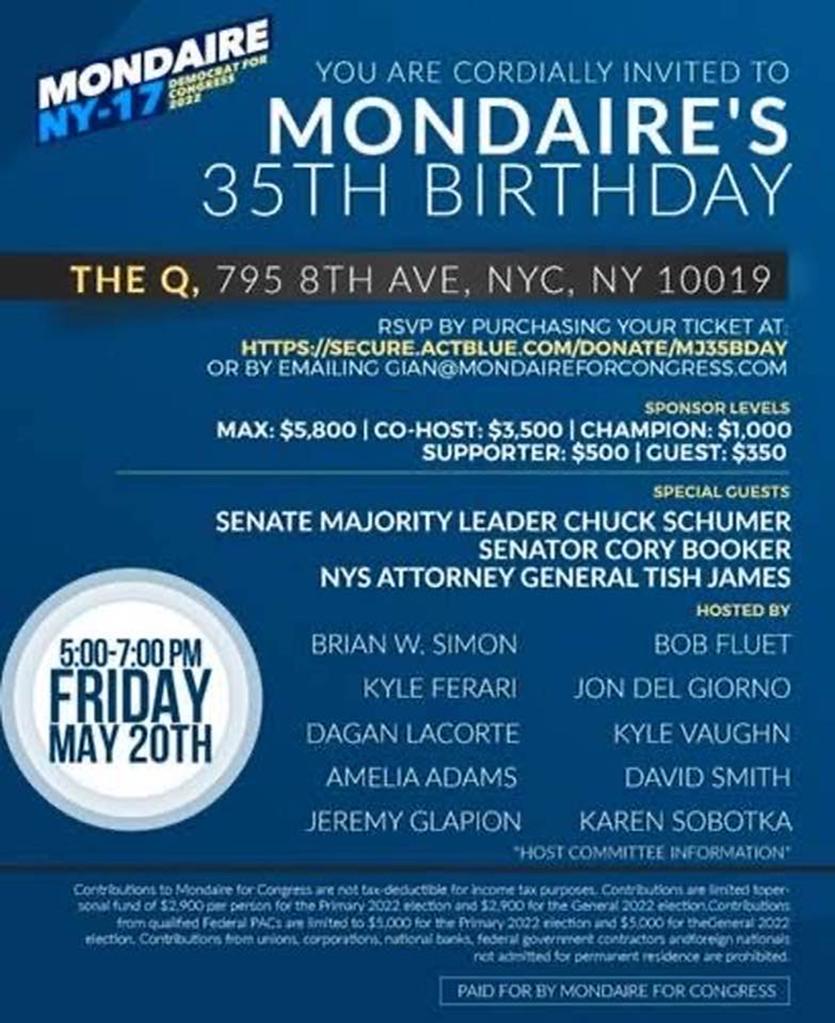 Rep. Mondaire Jones hosted a fundraiser at The Q for his 35th birthday on May 20, 2022 – charging $300 per guest.