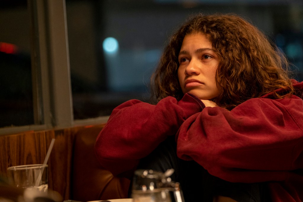 Photo of "Euphoria" star Zendaya, who's gazing wistfully off-camera. She's wearing a red sweatshirt.