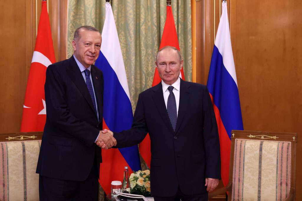 Russian President Vladimir Putin (R) shakes hands with Turkish President Recep Tayyip Erdogan