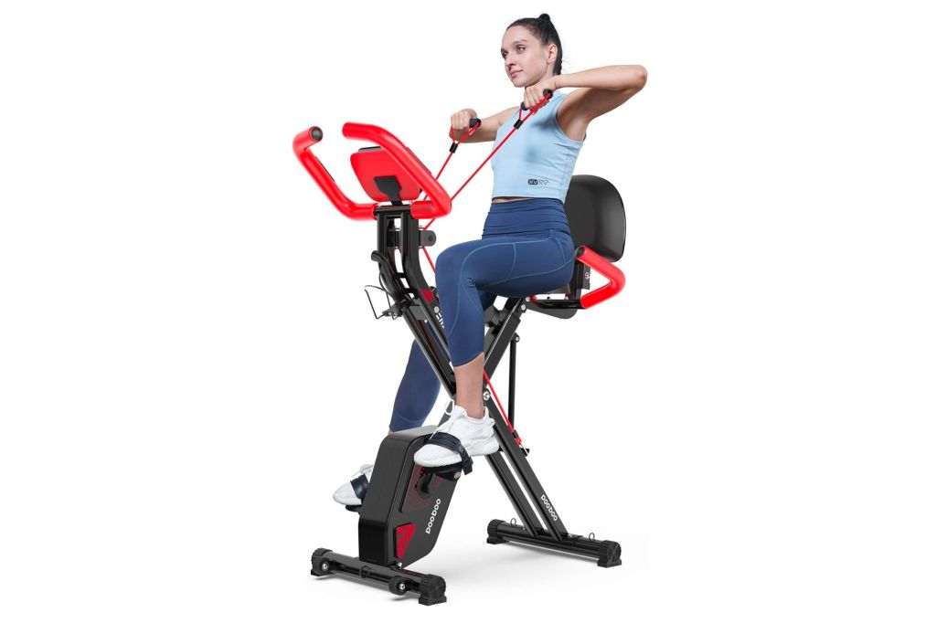 Exercise bike with resistance bands.