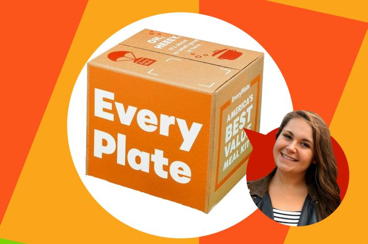 A woman smiling next to a box labeled EveryPlate