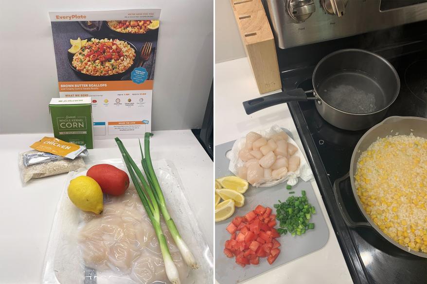 A side by side of scallops, green onions, tomato and a recipe