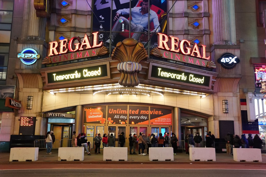 The Regal Cinemas movie theater with a "temporarily closed" message as seen on W42nd Street in New York, NY on March 6, 2021. 