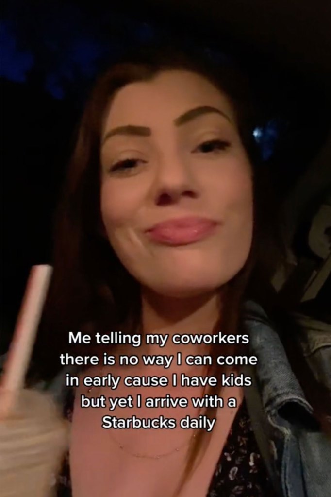 Screenshot of TikTok video of Nicole Johnson, a young woman with brown air, holding a Starbucks cup with the caption "Me telling my coworkers there is no way I can come in early cause I have kids but yet I arrive with a Starbucks daily."