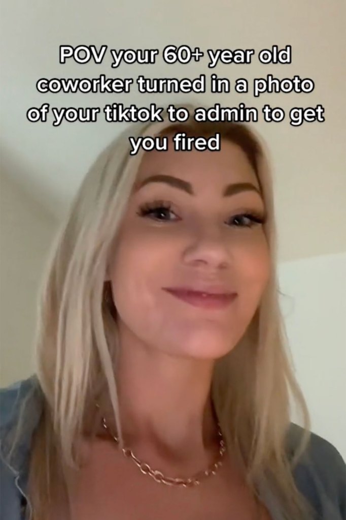 TikTok screenshot of Nicole Johnson, blond woman, smiling with the caption "POV your 60+ year old coworker turned in a photo of your tiktok to admin to get you fired."