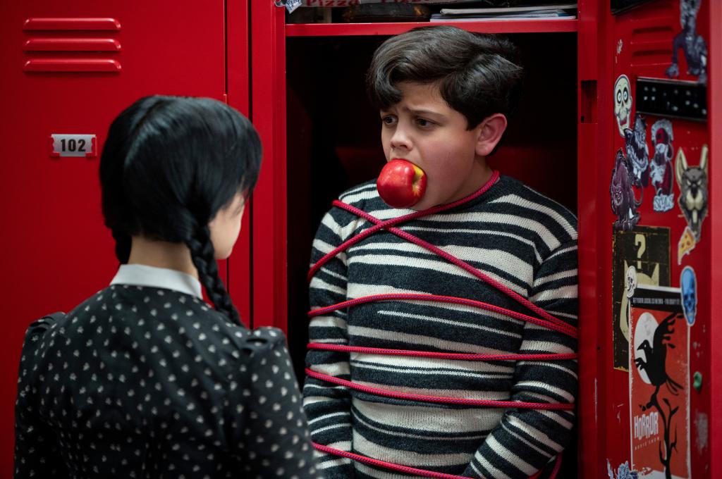 Jenna Ortega as Wednesday Addams and Issac Ordonez as Pugsley Addams in "Wednesday."