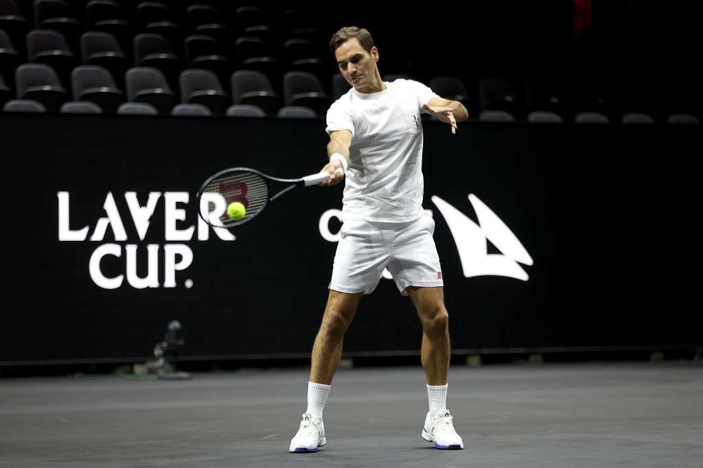 Roger Federer practices Tuesday ahead of the Laver Cup at The O2 Arena in London.