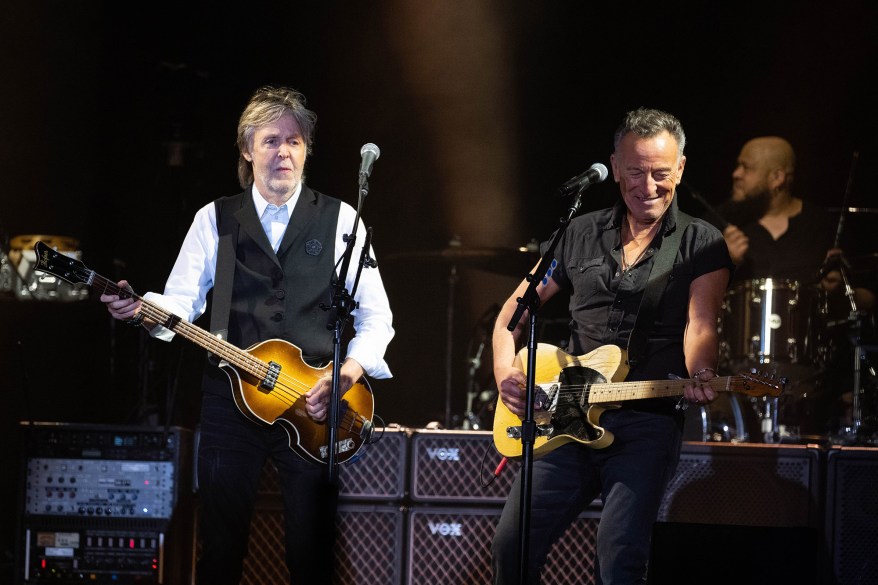 Paul McCartney and Bruce Springsteen perform on The Pyramid Stage during day four of Glastonbury Festival at Worthy Farm, Pilton on June 25, 2022 in Glastonbury, England.