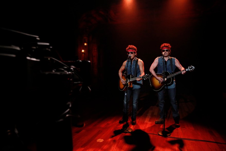 Bruce Springsteen and Jimmy Fallon dressed as Bruce Springsteen perform "Gov. Christie Traffic Jam" on Tuesday, January 14, 2014.