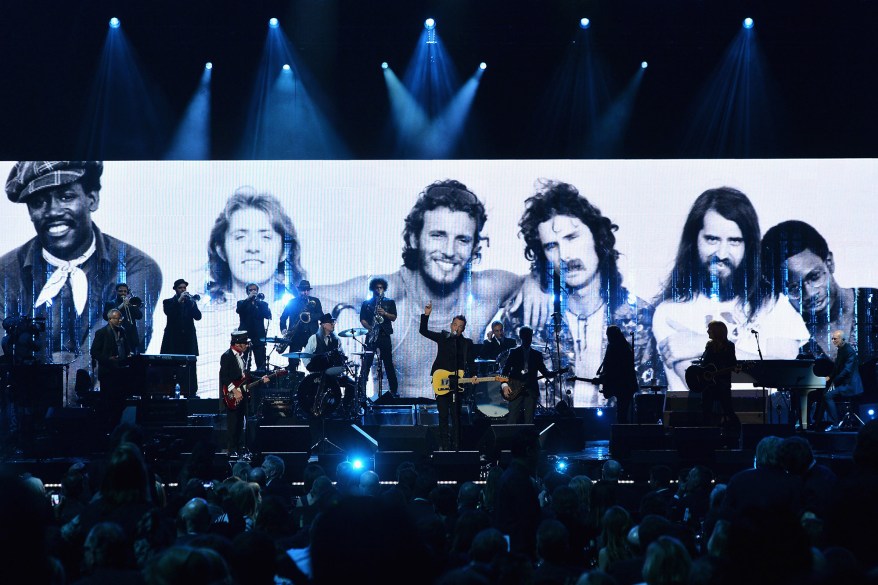 Bruce Springsteen and inductees the E Street Band perform onstage at the 29th Annual Rock And Roll Hall Of Fame Induction Ceremony at Barclays Center of Brooklyn on April 10, 2014 in New York City.