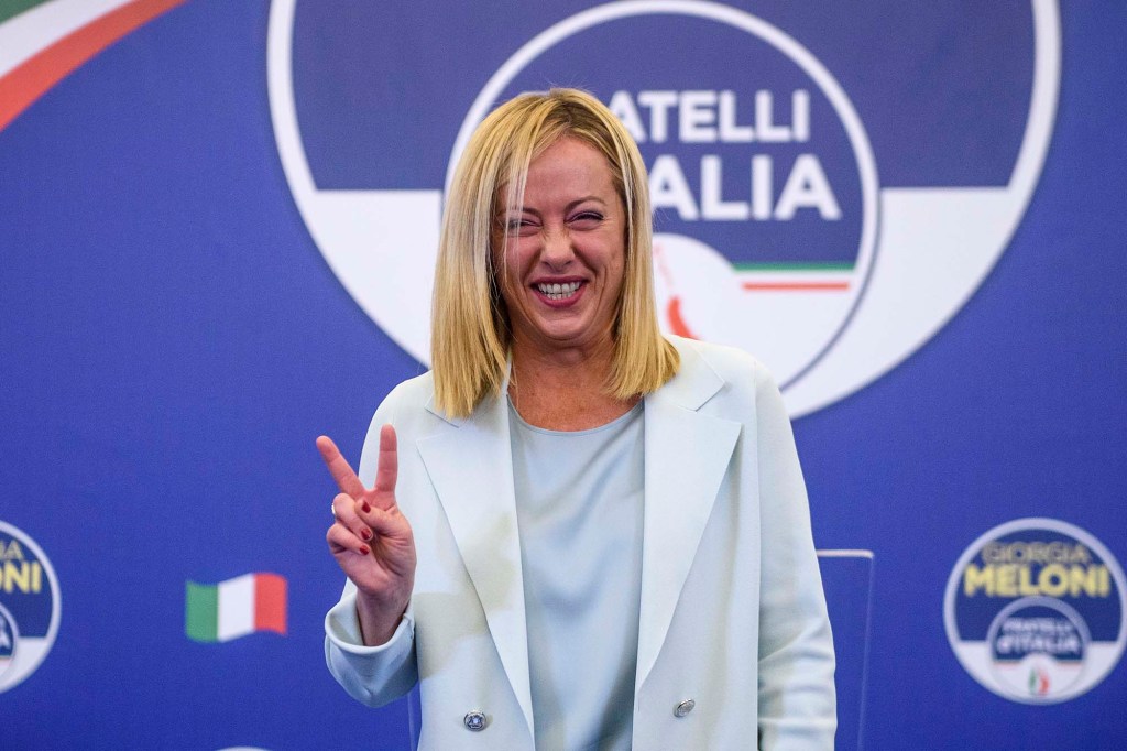 Georgia Meloni at her campaign headquarters after becoming Italy's first-ever female prime minister after leading her far-right party to victory.