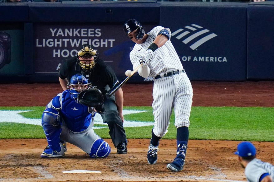 New York Yankees' Aaron Judge hits his first home run of the season during the fifth inning against the Toronto Blue Jays on Wednesday, April 13, 2022.