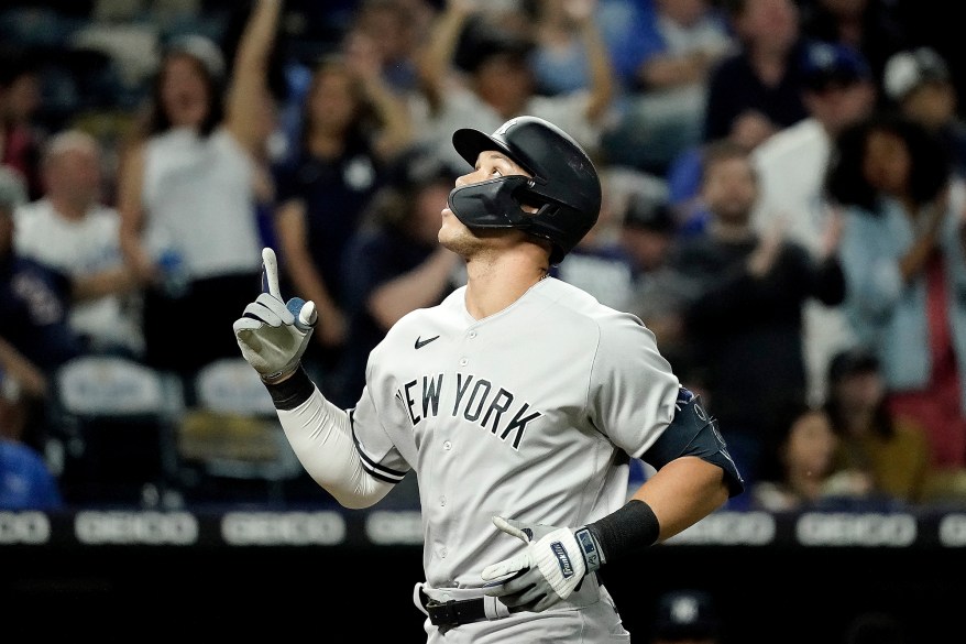 6 - Judge crosses the plate after hitting a three-run home run during the seventh inning against the Kansas City Royals Friday, April 29.