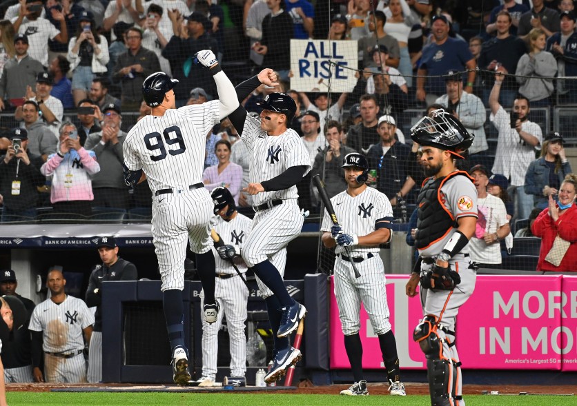 17 - Judge celebrates a two-run game-tying home run against the Orioles Monday, May 23.