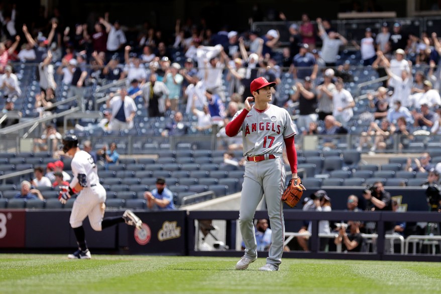 19 - Los Angeles Angels pitcher Shohei Ohtani reacts after giving up a home run to Yankees' Aaron Judge during the first baseball game of a doubleheader on Thursday, June 2.