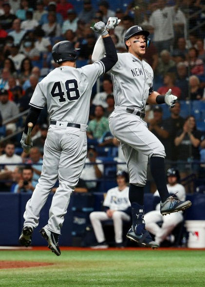 26 - Judge celebrates with Anthony Rizzo after hitting a solo home run during the fourth inning against the Tampa Bay Rays, June 22.