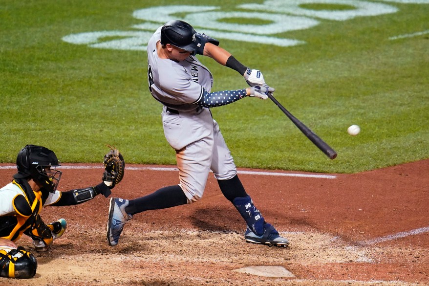 30 - Aaron Judge hits a grand slam off Pittsburgh Pirates relief pitcher Manny Banuelos during the eighth inning in Pittsburgh, Wednesday, July 6.