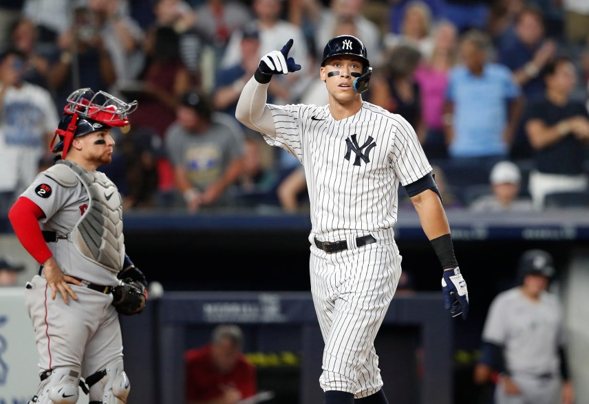 32 - Judge reacts after hitting a home run against the Boston Red Sox during the fifth inning July 16.