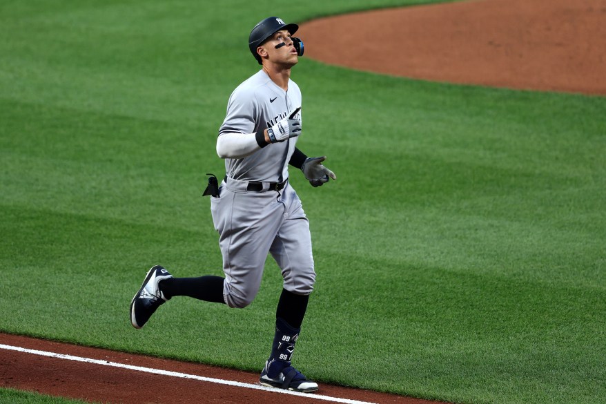 35 - Aaron Judge celebrates after hitting a three-run home run against the Baltimore Orioles, July 22.