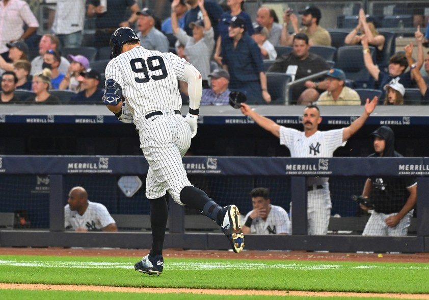 40 - Aaron Judge rounds the bases on his two-run home run during the third inning against the Kansas City Royals Friday, July 29.