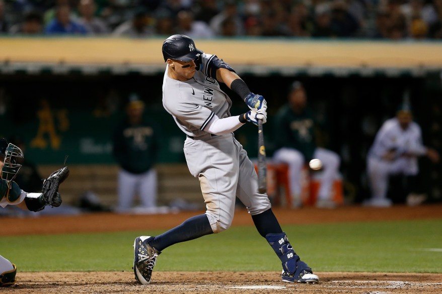 49 - Aaron Judge hits a three-run home run in the top of the fifth inning against the Oakland Athletics at RingCentral Coliseum on Aug. 26.