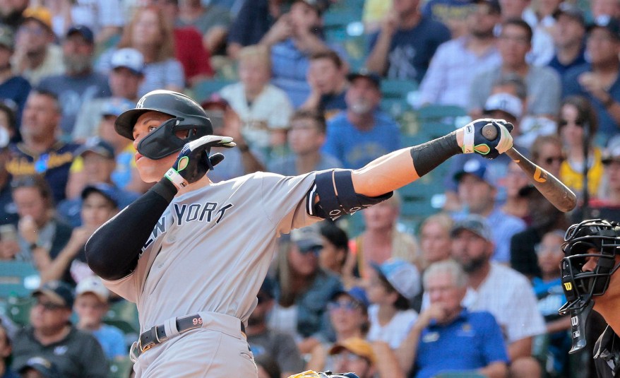 59 - Aaron Judge watches his solo home run during the 7th inning against Milwaukee, Sept. 18