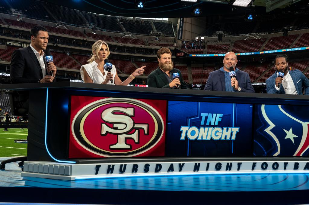 From left: Tony Gonzalez, Charissa Thompson, Ryan Fitzpatrick, Andrew Whitworth and Richard Sherman on Amazon's "Thursday Night Football" pregame show on Aug. 25, 2022.