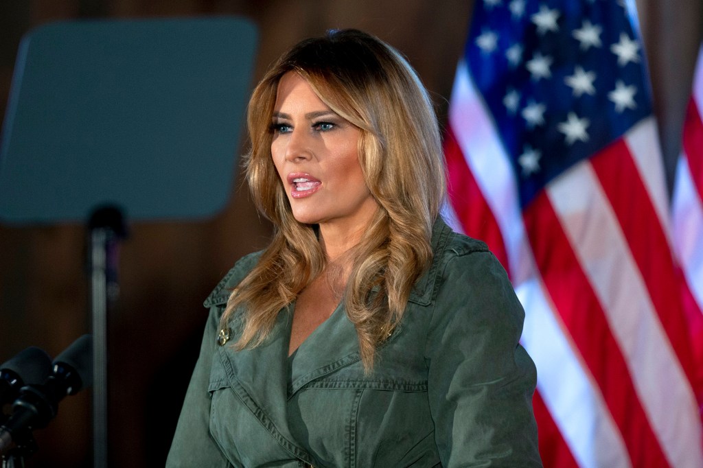 First lady Melania Trump speaks during a campaign rally on Tuesday, Oct. 27, 2020, in Atglen, Pa. (AP Photo/Laurence Kesterson)