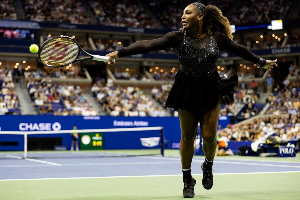 Serena Williams plays a backhand against Anett Kontaveit in their second-round match Wednesday at the 2022 U.S. Open.