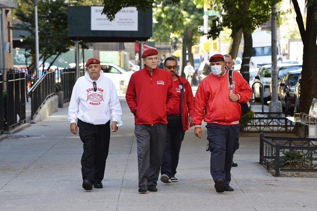 NYC mayoral candidate Curtis Sliwa, joined by his wife Nancy and his Guardian Angels, holds a press conference at 89 St. and Amsterdam Ave.