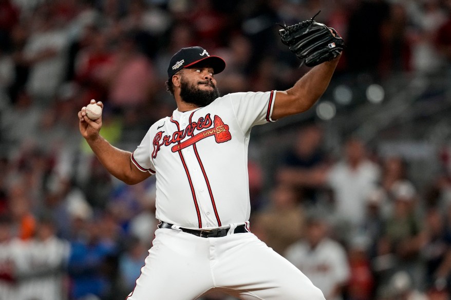 Atlanta Braves relief pitcher Kenley Jansen throws against the Philadelphia Phillies during game two of the NLDS MLB Playoffs on Oct. 13, 2022.