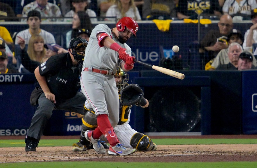 Kyle Schwarber hits a home run during the sixth inning of game one of the NL Championship Series against the San Diego Padres on Oct. 18, 2022.