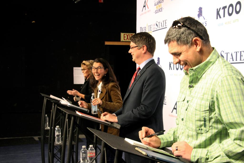 From left, Palin, Rep. Peltola, Begich, and Bye at the Alaska Congressional debate on Wednesday.