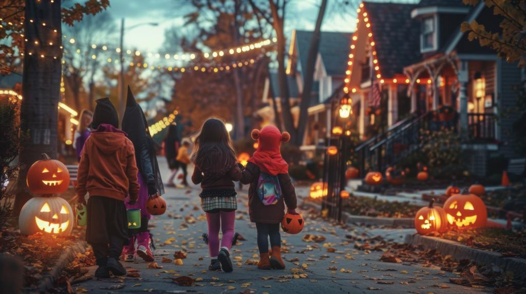 A group of children in colorful Halloween costumes trick-or-treating and carrying pumpkins in a decorated neighborhood